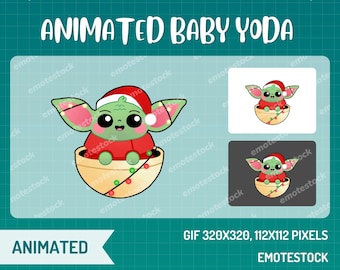 Emote animado de Baby Yoda / Emoticonos de contracción / Emoticonos de Navidad / Emoticonos animados de streaming / Navidad de Twitch / Gráficos de streamer