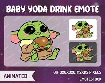 Emote animado de Baby Yoda bebiendo / Emotes de Twitch / Emotes de Discord / Emotes animados / Emotes animados de Twitch / Gráficos para streamers / Emotes de streaming