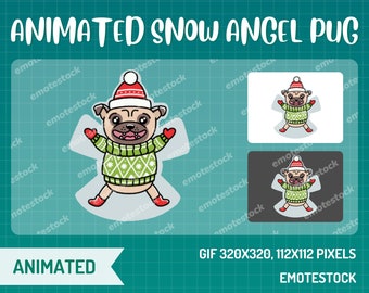 Emote animado de perro pug ángel de nieve / Emotes navideños de Twitch / Perro animado de Twitch / Emotes animados para streaming / Emotes navideños