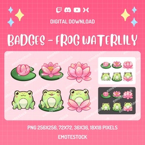 Puede incluir: Conjunto gráfico de descarga digital con insignias de rana y nenúfar. Las insignias incluyen imágenes de ranas, hojas de nenúfar y nenúfares rosas. El texto "BADGES - FROG WATERLILY" se muestra sobre un fondo rosa.