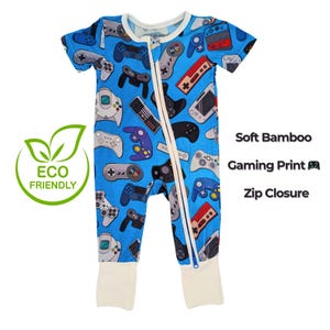 Baby Boxpakje van Bamboe met Rits – Gamer Baby Romper met Controller Print en Omvouwbare Voetjes