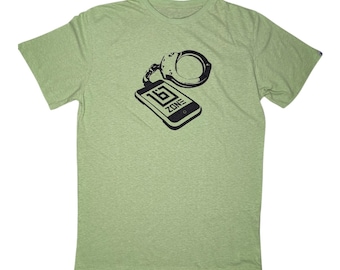 Eco-Friendly Hemp and Organic Cotton T-Shirt with Smartphone and Handcuff Print - Sustainable Green Dye