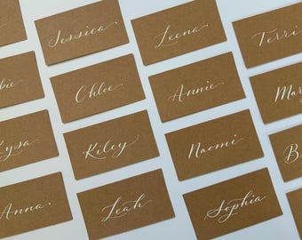 Hand calligraphy luxury wedding place cards - Kraft paper, white ink