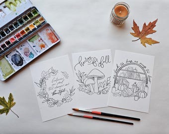 Cozy Autumn Ready to Paint Watercolor Outlines - 3 hand-drawn illustrations 130 lb cold pressed size 5 x 7