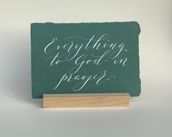 Handmade sage paper flat lay card White ink calligraphy Everything to God in prayer