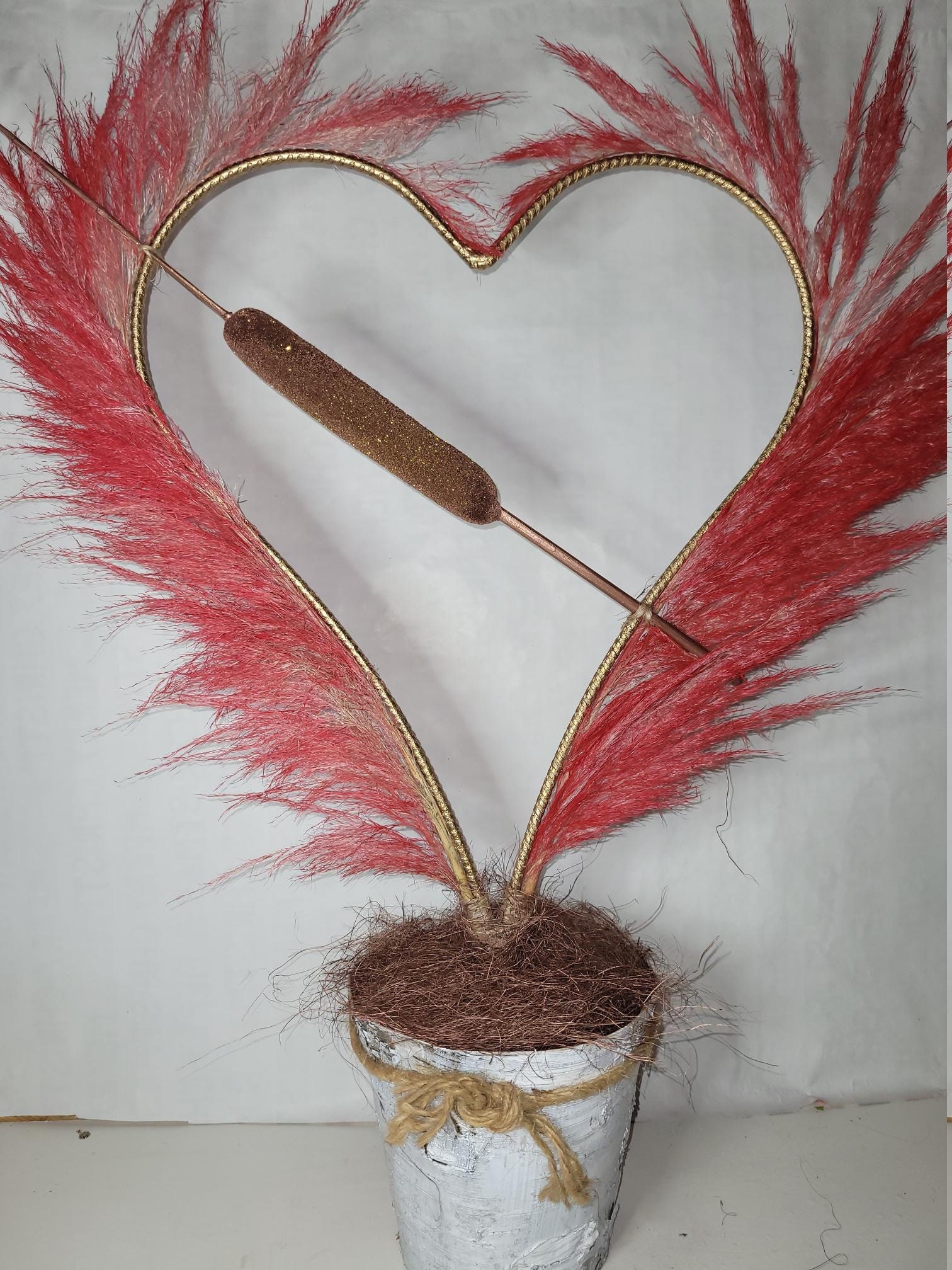 Décoration Composition Pampa Cœur en Fer Forgé Rouge Naturel et Original