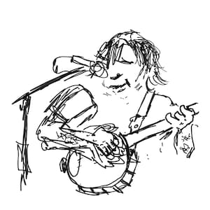 Puede incluir: Un dibujo en blanco y negro de una persona tocando un banjo. La persona está dibujada con mucho detalle, incluyendo su cabello, rasgos faciales y ropa. El banjo también está dibujado con mucho detalle, incluyendo las cuerdas y las clavijas de afinación.