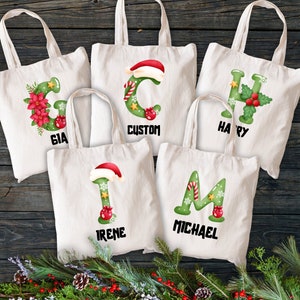 Christmas Custom Name Tote Bag, Personalized Name Initial Tote Bag, Xmas Matching Canvas Shopping Bag, Christmas Group Tote, Xmas Gift Ideas