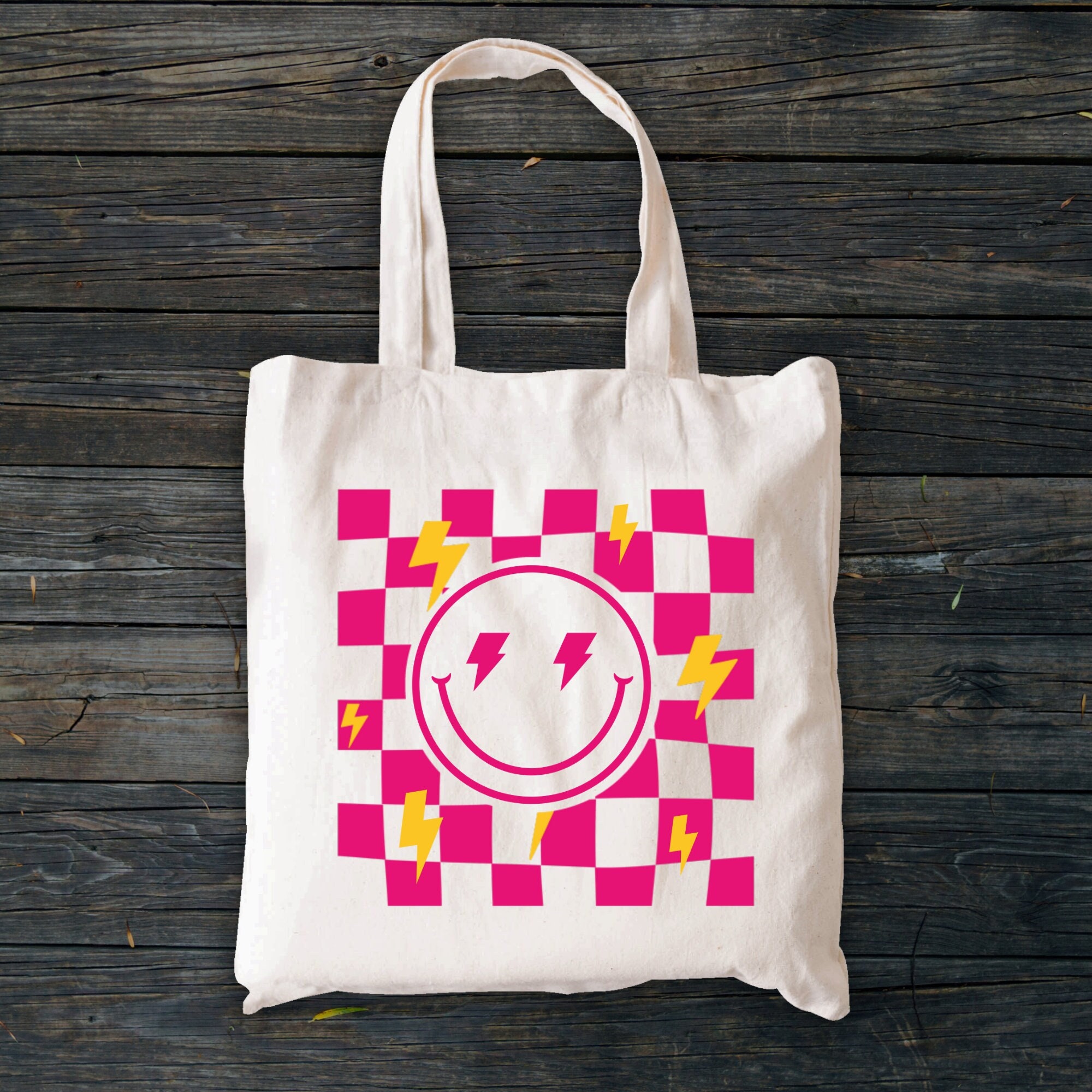 Aesthetic Smile Tote Bag, Checkered Summer Tote Bag, Trendy Cool Canvas Bag, Positivity Bag, Tumblr Tote Bag, Canvas Bag, Zippered Tote Bag