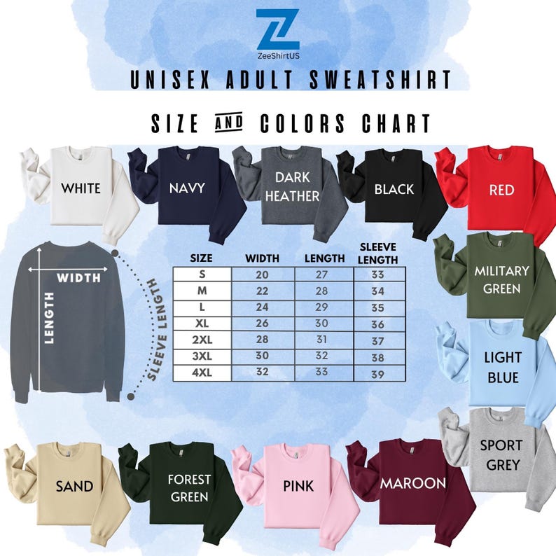 a chart showing the sizes and colors of sweatshirts