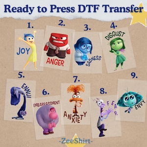 May include: Nine colorful iron-on transfers featuring characters from the movie Inside Out. The characters include Joy, Anger, Sadness, Disgust, Fear, Ennui, Embarrassment, Anxiety, and Envy.