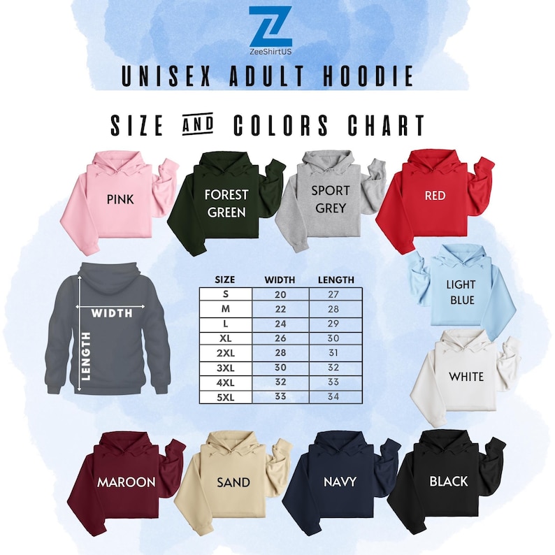 the hoodie sizes and colors chart