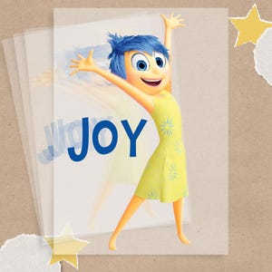 May include: Illustration of the character Joy from the movie Inside Out. Joy is depicted with blue hair, a yellow dress, and arms raised in a joyful pose. The word "JOY" is written in blue.