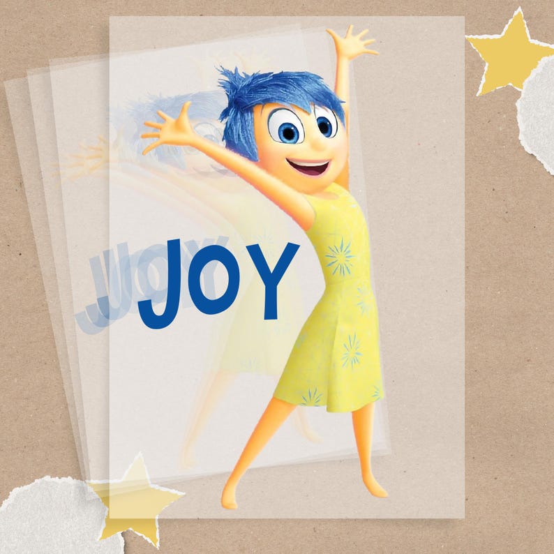 May include: Illustration of the character Joy from the movie Inside Out. Joy is depicted with blue hair, a yellow dress, and arms raised in a joyful pose. The word "JOY" is written in blue.