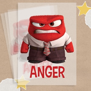 May include: A cartoon image of the character Anger from the movie Inside Out. Anger is red with a white shirt, a red and white striped tie, and brown shorts. The word "ANGER" is printed in red at the bottom of the image.