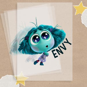 May include: Illustration of a teal cartoon character with large eyes and teal hair, wearing a purple dress with white polka dots. The word "ENVY" is printed in black. The character is on a white background.