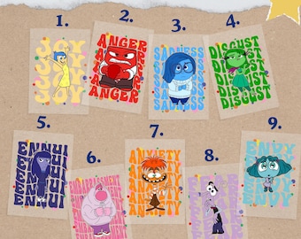 May include: A collection of nine DTF (Direct to Film) transfer sheets featuring cartoon characters representing emotions. Each transfer has a character and the emotion's name, such as "Joy," "Anger," and "Sadness." The transfers are on a brown background.