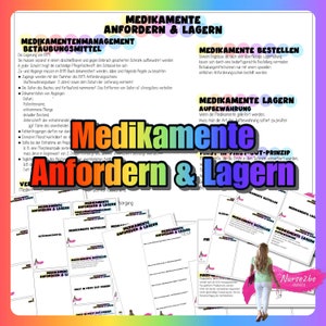 Może przedstawiać: Kolorowa infografika z tekstem "Medikamente Anfordern & Lagern" w czcionce tęczowej. Infografika dotyczy zarządzania lekami w szpitalu lub placówce służby zdrowia. Zawiera informacje o zamawianiu, przechowywaniu i wydawania leków. Infografika zawiera również sekcję o zasadzie "Pierwszeństwo dla najstarszych".