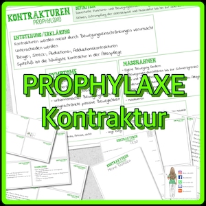 Può includere: Un foglio di lavoro stampabile verde e bianco con il titolo "Kontrakturen Prophylaxe" e il testo "Prophylaxe" in grandi lettere verdi. Il foglio di lavoro tratta delle contratture, che sono un irrigidimento o un accorciamento dei muscoli, dei tendini o dei legamenti. Il foglio di lavoro include informazioni sulle cause, i sintomi e il trattamento delle contratture.