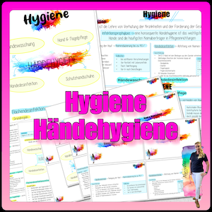Op de afbeelding: Een kleurrijke infographic over handhygiëne met de woorden "Hygiëne" en "Händehygiene" in grote roze letters. De infographic bevat diagrammen en tekst over handwassen, handdesinfectie en andere hygiënepraktijken.