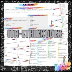 Könnte beinhalten: Ein farbenfrohes Poster mit dem Text "ICN-ETHIKKODEX" in großen, fetten Buchstaben. Das Poster ist in Abschnitte mit Titeln wie "PRAAMBEL", "4 grundlegende Verantwortlichkeiten" und "ELEMENTE DES KODEX" unterteilt. Das Poster enthält auch ein kleineres Bild einer Krankenschwester in weißer Uniform.