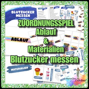 Puede incluir: Un conjunto de materiales educativos para la medición de la glucosa en sangre, que incluye tarjetas con texto e ilustraciones. El texto principal dice "Blutzucker messen" (Medir el azúcar en sangre) y "Zuordnungsspiel Ablauf & Materialien".