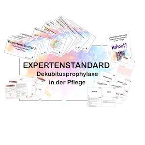 Könnte beinhalten: Eine Sammlung von gedruckten Dokumenten mit dem Titel "EXPERTENSTANDARD Dekubitusprophylaxe in der Pflege" in großen, fetten Buchstaben. Mehrere kleinere Dokumente sind verstreut, einige mit Diagrammen und dem Wort "Kahoot!".