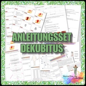 Könnte beinhalten: Eine grüne und weiße Titelkarte mit dem Text "ANLEITUNGSSET DEKUBITUS" in fetten, weißen Buchstaben. Die Titelkarte ist von verschiedenen Bildern mit medizinischen Illustrationen, Arbeitsblättern und einem Kreuzworträtsel umgeben. Die Bilder sind in Schwarzweiß und zeigen medizinische Begriffe und Diagramme.