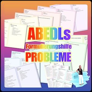 Puede incluir: Un gráfico colorido con el texto "ABEDLS Formulierungshilfe PROBLEME" en colores arcoíris. El gráfico está rodeado de varias hojas de trabajo con el texto "ABEDLS" y "PROBLEME" en diferentes colores. Las hojas de trabajo son para formular problemas y soluciones. Hay una mujer en la esquina inferior derecha de la imagen.