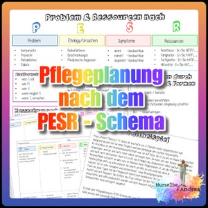 Könnte beinhalten: Ein farbiges Diagramm mit dem Akronym PESR, das für Problem, Ätiologie, Symptome und Ressourcen steht. Das Diagramm ist eine Anleitung zur Erstellung eines Pflegeplans mit der PESR-Methode. Das Diagramm ist auf Deutsch.