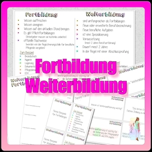 Könnte beinhalten: Ein rosa-weißes Arbeitsblatt mit den Wörtern "Fortbildung" und "Weiterbildung" in fetten, rosa Buchstaben. Das Arbeitsblatt ist in Abschnitte mit Überschriften wie "Zum Beispiel", "Nenne Beispiele" und "Warum ist Weiterqualifizierung wichtig?" unterteilt. Das Arbeitsblatt befasst sich mit Weiterbildung und beruflicher Entwicklung.