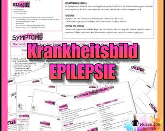 May include: A pink and white graphic with the word "Epilepsy" in large pink letters. The graphic is surrounded by smaller graphics with information about epilepsy, including the definition, causes, symptoms, diagnosis, and treatment. The graphic also includes the text "Krankheitsbild Epilepsie" in large pink letters.