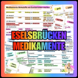 Puede incluir: Un gráfico educativo colorido con las palabras "ESELBRÜCKEN MEDIKAMENTE" en letras grandes. El gráfico enumera varios medicamentos, sus efectos y dispositivos mnemotécnicos para la memorización, con texto en alemán.