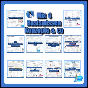 Op de afbeelding: Een kleurrijke set infografische posters met de titel "Mix 4 Basiswissen Konzepte & co" en verschillende medische onderwerpen, waaronder wonddocumentatie, vrijheidsbeperkende maatregelen, de Duitse Wet op Deelname, multimorbiditeit, pijn en het toedienen van klysma's.