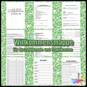 Op de afbeelding: Een welkomstmap voor nieuwe stagiaires en stagiaires. De map bevat een checklist voor de eerste dag, een sjabloon voor leerdoelen, een wekelijks rapportblad en een beoordelingsformulier. De map is versierd met een groene glitterachtergrond.