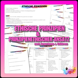 Op de afbeelding: Een afdrukbaar werkblad met de titel "Ethische principes & Principieel ethische aanpak" in het Duits. Het werkblad is verdeeld in drie secties: "Weldoen", "Niet-schaden" en "Rechtvaardigheid". Elke sectie bevat een definitie, een voorbeeld en een beschrijving van het principe.