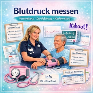 Könnte beinhalten: Illustration einer medizinischen Fachkraft, die den Blutdruck eines Patienten misst. Das Bild enthält eine rosa Blutdruckmanschette, ein Stethoskop und Diagramme mit deutschem Text. Der Text enthält "Blutdruck messen" und "Kahoot!"