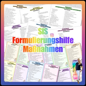 Op de afbeelding: Een kleurrijke set met printbare werkbladen met de tekst "Formulierungshilfe Maßnahmen" in het Duits. De werkbladen zijn ontworpen om te helpen bij het formuleren van maatregelen voor verschillende thema's, zoals communicatie, mobiliteit, zelfzorg en leven in sociale relaties. De werkbladen zijn afgedrukt op wit papier en hebben een kleurrijke rand.