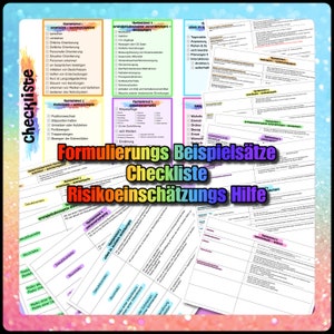 May include: A checklist for risk assessment with the title "Formulierungs Beispielsätze Checklist Risikoeinschätzungs Hilfe" in German. The checklist is divided into sections with headings like "Themenfeld 1", "Themenfeld 2", and "Themenfeld 3".