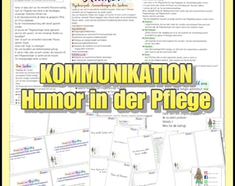May include: A yellow and white poster with the text "Humor in der Pflege" in bold, yellow letters. The poster is about using humor in the healthcare field. It includes text in German about the benefits of humor and how to use it effectively. The poster also includes a cartoon of a woman with brown hair and a green shirt.