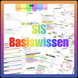 Puede incluir: Un diagrama colorido con la palabra "SIS" en letras grandes y en negrita. El diagrama es una representación visual de un modelo estructurado para simplificar los procesos burocráticos. El diagrama incluye las palabras "Basiswissen", "Evaluation", "Leistungstachweise", "Risikomatix", "Pflegefachliche Einschatz", "Statistiblatt", "Struktur & Formation", "Kontextkategorien", "SIS & AEDL", "Die 4 Elemente", "Sorging", "ozden Berehun", "Haushaltsführung", "Führung", "Test", "Fomatrix", "Bedürfnis", "FELD 1", "FELD C1", "MENFELD 2", "MENFELD 3", "MENFELD 4", "MENFELD 5", "MENFELD 6", "Aufbau des Strukturmodells", "Hinwese auf therape", "wie ist der Se bogen aufgebaut?"