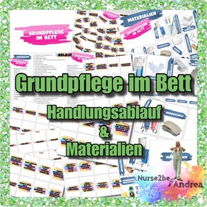 Puede incluir: Una guía imprimible colorida para el cuidado básico en la cama, que incluye una lista de materiales y un proceso paso a paso. La guía presenta una enfermera de dibujos animados y el texto "Grundpflege im Bett" y "Handlungsablauf & Materialien".