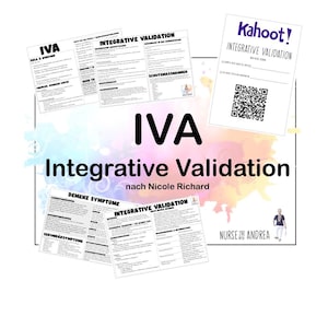 Könnte beinhalten: Eine Sammlung von gedruckten Dokumenten mit dem Titel "IVA Integrative Validation" und dem Namen "Nicole Richard". Die Dokumente enthalten Text und einen QR-Code. Das Bild hat einen Aquarell-Hintergrund mit dem Text "Kahoot! Integrative Validation".