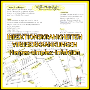 Könnte beinhalten: Eine bunte Infografik über Virusinfektionen, einschließlich Herpes-simplex-Infektionen. Die Infografik hat einen gelben Hintergrund mit Text in Schwarzweiß. Der Text enthält die Wörter "Infektionskrankheiten", "Viruserkrankungen" und "Herpes-simplex-Infektionen".