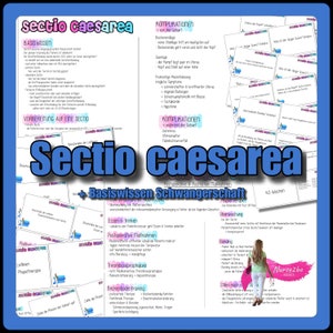 Könnte beinhalten: Ein blauer und weißer illustrierter Leitfaden für Kaiserschnitte mit dem Titel "Sectio Caesarea" in fetten blauen Buchstaben. Der Leitfaden enthält Informationen über Grundkenntnisse, Vorbereitung, Komplikationen sowie postoperative und postnatale Maßnahmen.