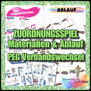 Puede incluir: Un juego imprimible colorido para aprender a cambiar un apósito de sonda PEG. El juego incluye una tarjeta de título que dice "PEG Verbandswechsel Zuordnungsspiel Materialien & Ablauf" y varias tarjetas con imágenes de suministros médicos y pasos del procedimiento.