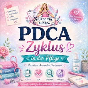 Puede incluir: Un gráfico colorido que promociona un recurso educativo de enfermería. La imagen presenta el texto "PDCA Zyklus in der Pflege" y "Nurse 2BE with Andrea". Incluye ilustraciones de herramientas médicas, libros e iconos que representan conceptos clave.