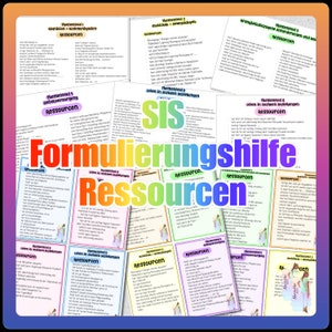 Pode incluir: Uma coleção de cartões coloridos com texto em alemão, incluindo as palavras "Formulierungshilfe" e "Ressourcen". Os cartões estão dispostos em um padrão em camadas, com vários títulos e listas de marcadores.
