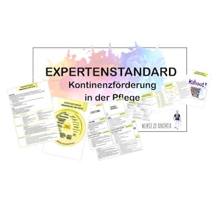 Könnte beinhalten: Eine Sammlung von gedruckten Dokumenten mit dem Titel "EXPERTENSTANDARD Kontinenzförderung in der Pflege" in schwarzem Text. Die Dokumente sind um ein farbenfrohes Spritzdesign angeordnet. Eine kleine Grafik einer Frau ist ebenfalls vorhanden.