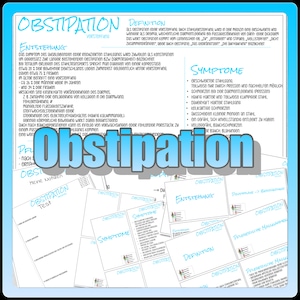 Puede incluir: Un póster ilustrado azul y blanco con la palabra "Obstipation" en letras grandes, negritas y azules. El póster contiene información sobre el estreñimiento, incluida su definición, causas, síntomas y posibles tratamientos. El póster está dividido en secciones con encabezados como "Definición", "Entstehung", "Symptome" y "Prophylaktische Maßnahmen".
